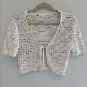 Ultra Flirt Cream Crochet Tie-Front Short Sleeve Cardigan